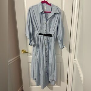Anthropologie Light Blue Shirt dress with cinched waist/black belt size 12